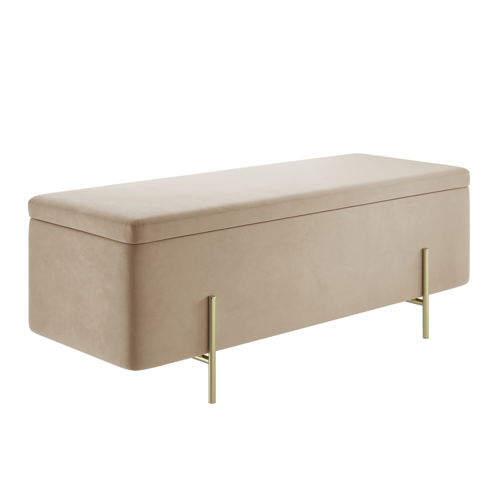 Lola Velvet Storage Ottoman With Gold Legs In Beige