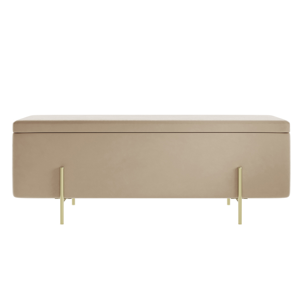 Lola Velvet Storage Ottoman With Gold Legs In Beige