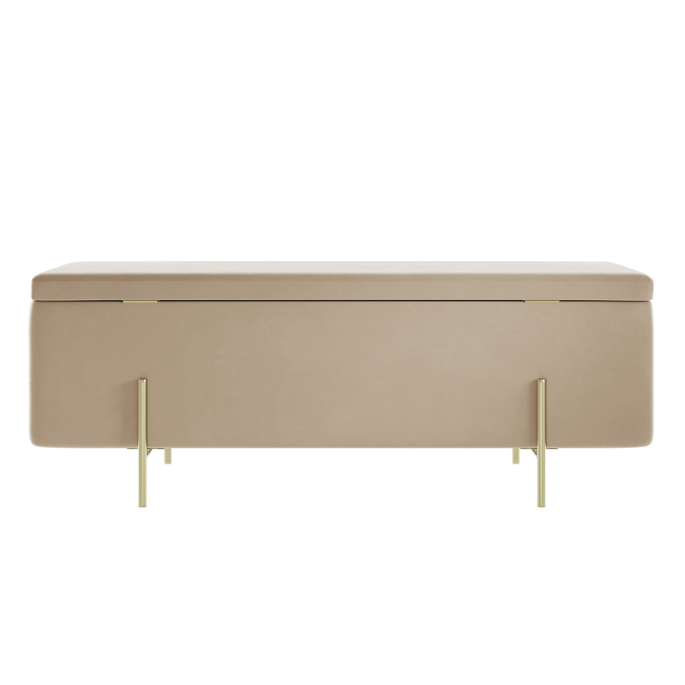 Lola Velvet Storage Ottoman With Gold Legs In Beige