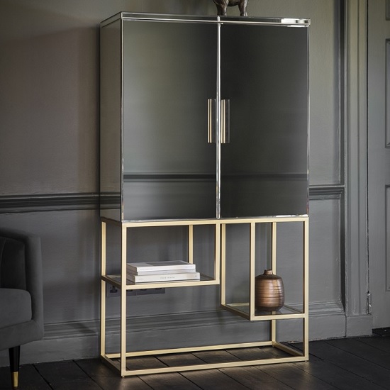 Lombok Mirrored Bar Cabinet In Champagne Finish With 2 Doors