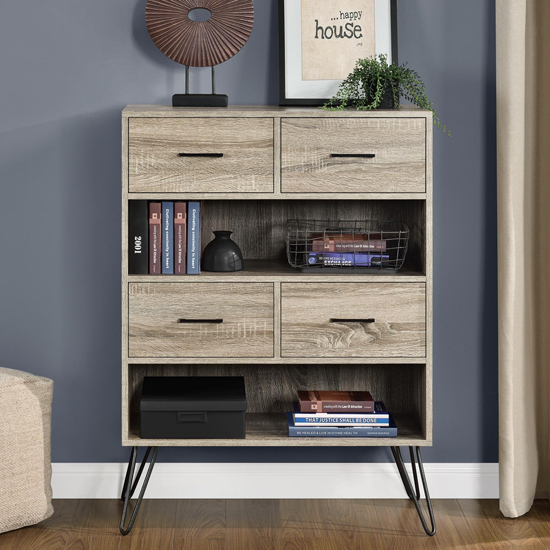 Laconia Wooden Bookcase With 4 Drawers In Grey And Oak