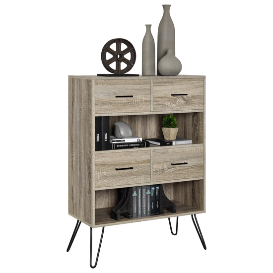 Laconia Wooden Bookcase With 4 Drawers In Grey And Oak
