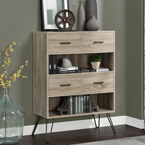 London Wooden Bookcase In Distressed Grey Oak