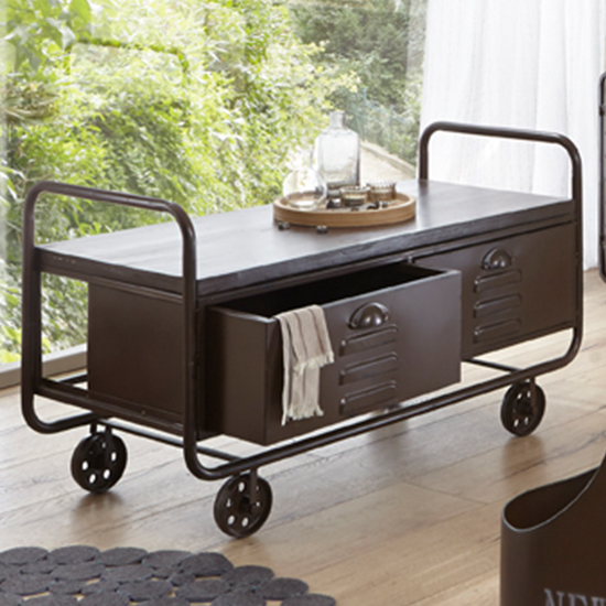 Read more about Londonderry metal 2 drawers coffee table on castors in vintage