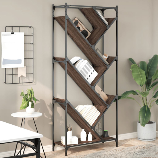Read more about Looe wooden bookcase with metal frame in brown oak