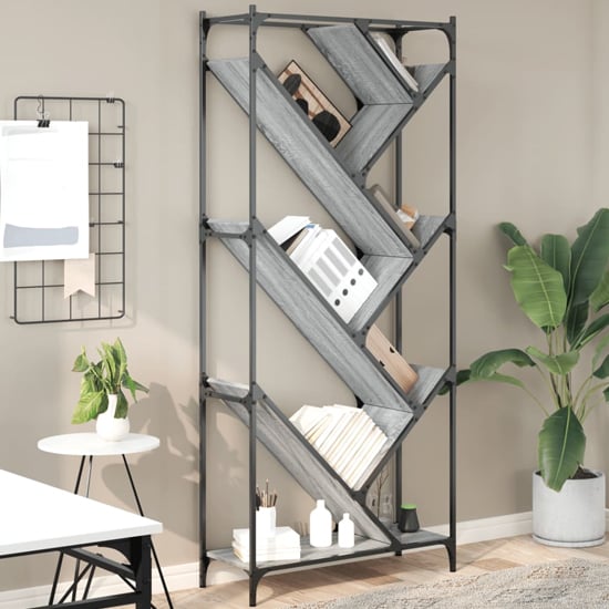 Looe Wooden Bookcase With Metal Frame In Grey Sonoma