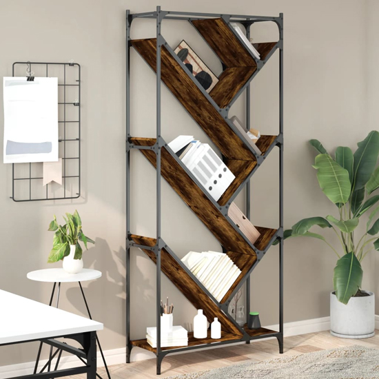 Read more about Looe wooden bookcase with metal frame in smoked oak