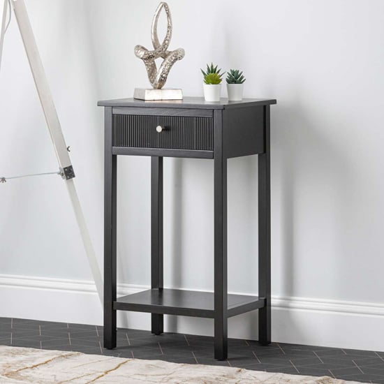 Photo of Lorain pine wood end table with 1 drawer in matte black