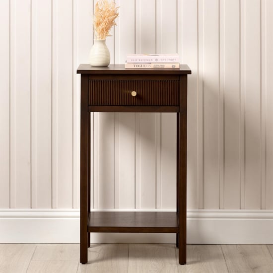 Lorain Wooden End Table With 1 Drawer In Walnut Brown