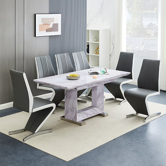 Lorence Extending Grey Dining Table 6 Gia Grey White Chairs