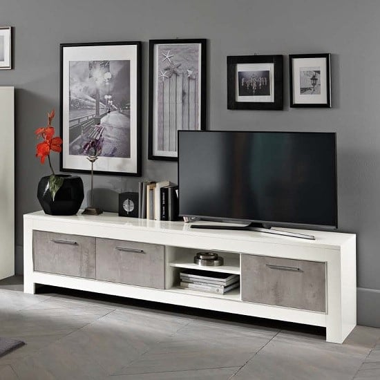 Lorenz Large TV Stand In Marble Effect And White High Gloss