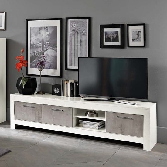 View Lorenz large tv stand in marble effect and white high gloss