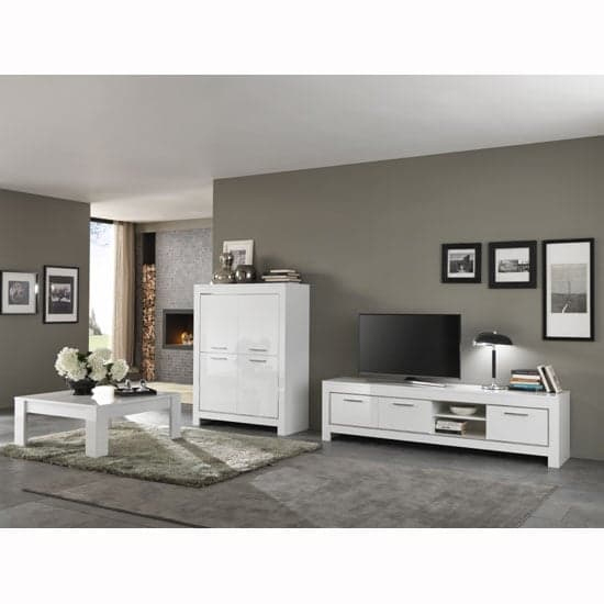 Lorenz Large TV Stand In White High Gloss With 3 Doors