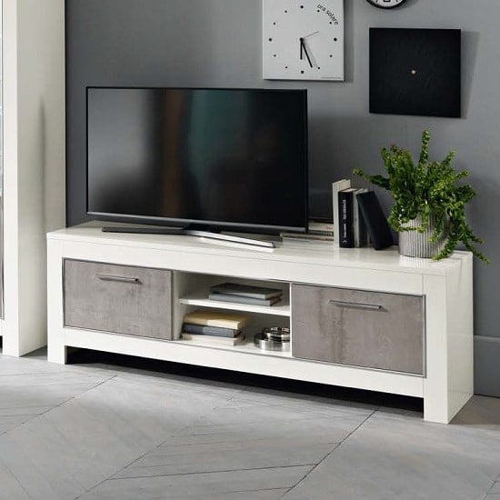 Read more about Lorenz medium tv stand in marble effect and white high gloss