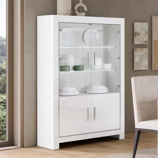 Lorenz Wide Glass Display Cabinet In White High Gloss With LED