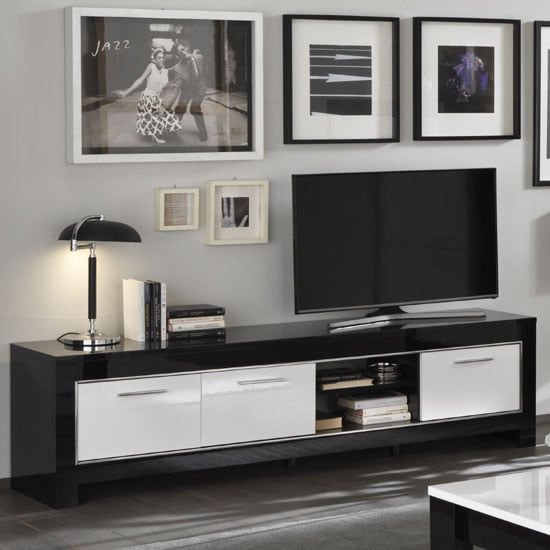 Read more about Lorenz large tv stand in black and white high gloss with 3 doors