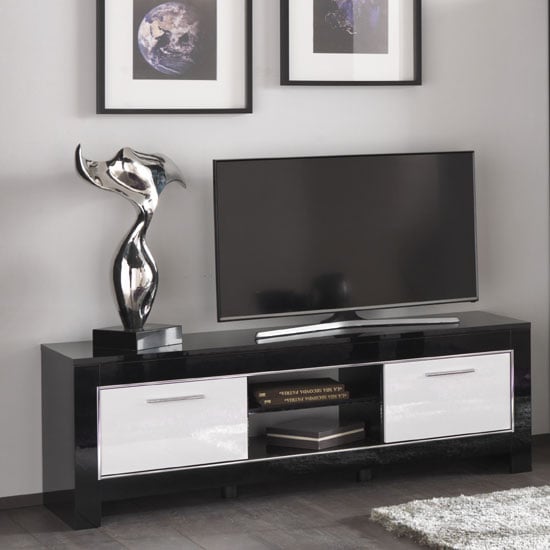 Read more about Lorenz medium tv stand in black and white high gloss with 2 door