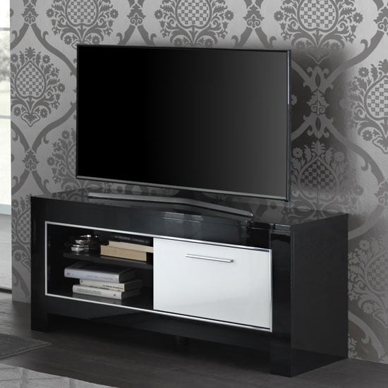 Photo of Lorenz small tv stand in black and white high gloss with 1 door