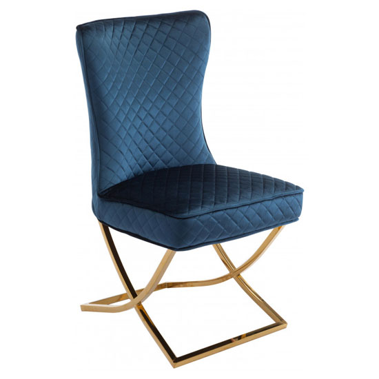 Lorenzo Blue Velvet Dining Chairs In Pair With Gold Legs FiF