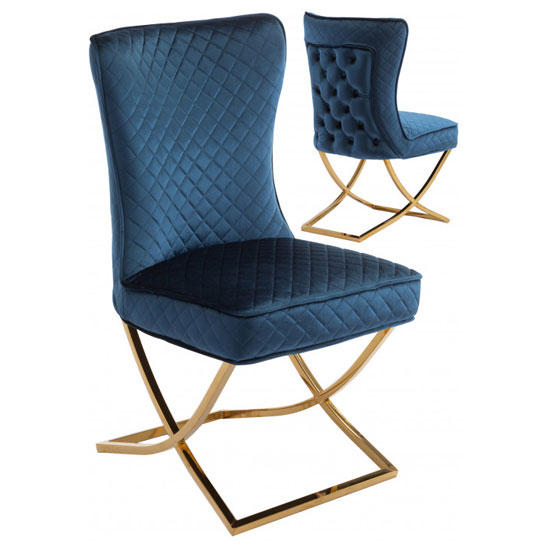 Lorenzo Blue Velvet Dining Chairs In Pair With Gold Legs FiF