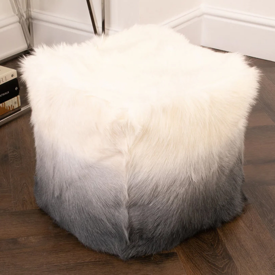 Loretta Goatskin Ombre Pouffe In Ivory And Charcoal