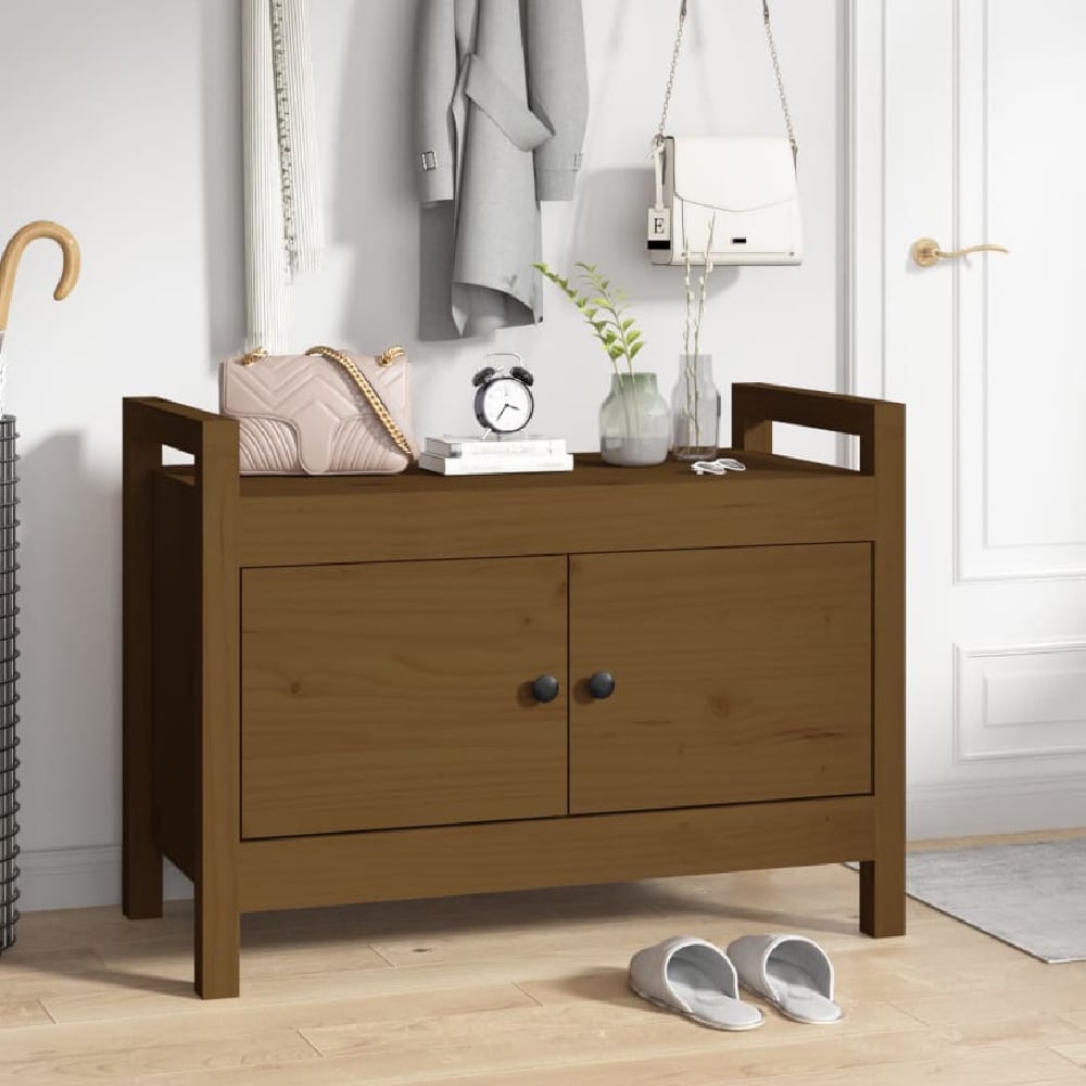 Read more about Lorman wooden hallway seating bench with 2 doors in honey brown