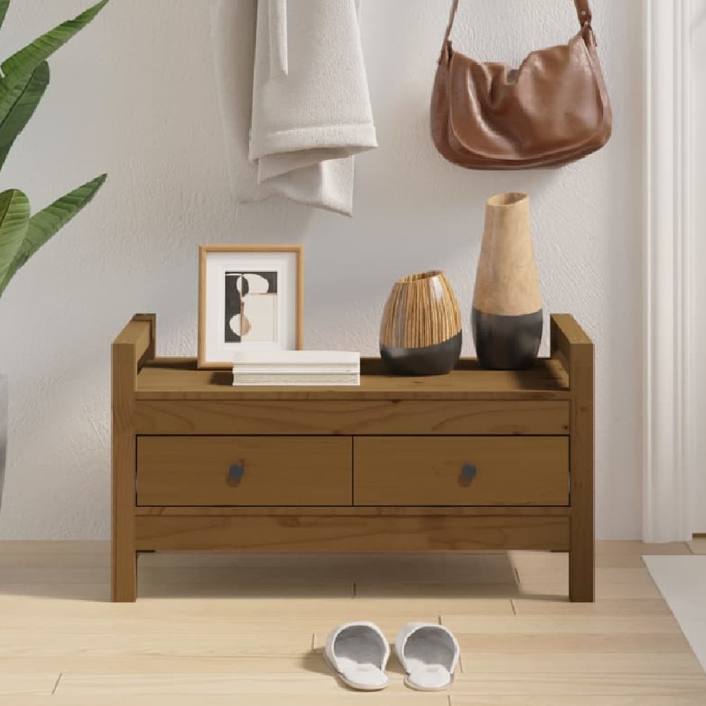 Read more about Lorman wooden hallway seating bench with 2 drawer in honey brown