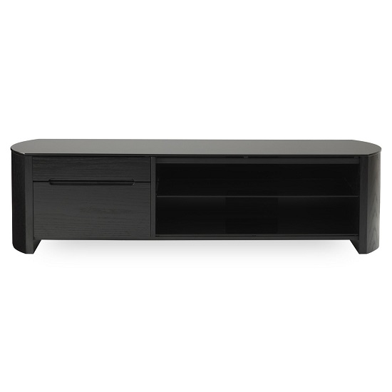 Flare Large Black Glass TV Stand With Black Oak Wooden Frame