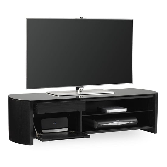 Product photograph of Flare Large Black Glass Tv Stand With Black Oak Wooden Frame from Furniture in Fashion