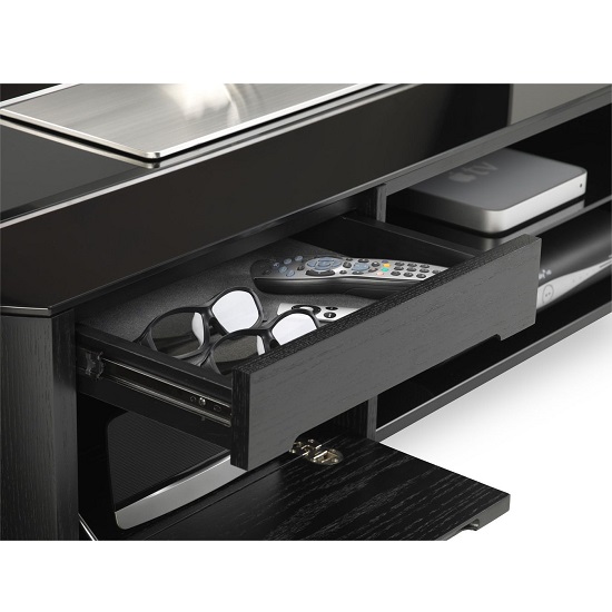 Flare Large Black Glass TV Stand With Black Oak Wooden Frame