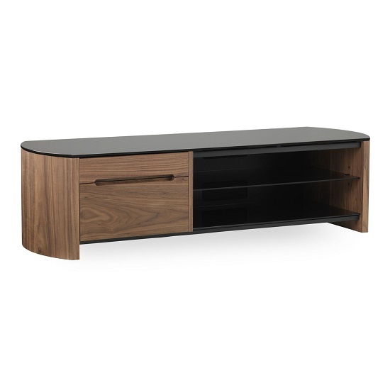 Flare Large Black Glass TV Stand With Walnut Wooden Frame