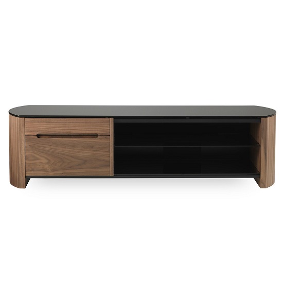 Flare Large Black Glass TV Stand With Walnut Wooden Frame