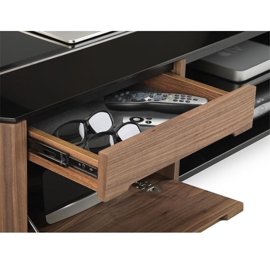 Flare Large Black Glass TV Stand With Walnut Wooden Frame