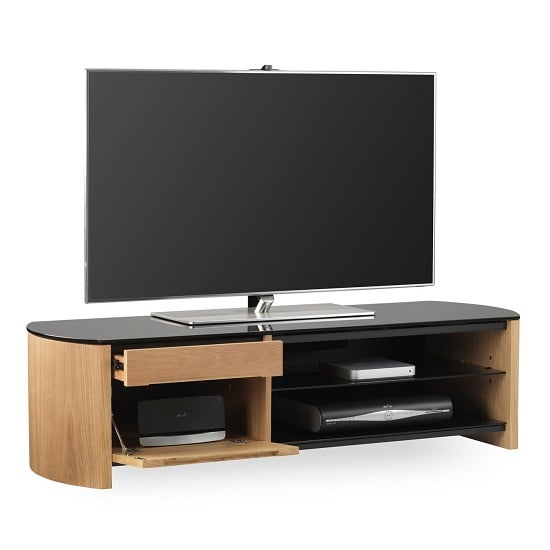 Product photograph of Flare Large Black Glass Tv Stand With Light Oak Wooden Frame from Furniture in Fashion