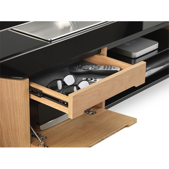 Flare Large Black Glass TV Stand With Light Oak Wooden Frame