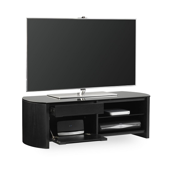 Product photograph of Flare Small Black Glass Tv Stand With Black Oak Wooden Frame from Furniture in Fashion