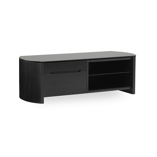 Flore Small Wooden TV In Black Oak With Black Glass Furniture