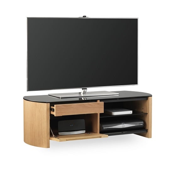 Product photograph of Flare Small Black Glass Tv Stand With Light Oak Wooden Frame from Furniture in Fashion