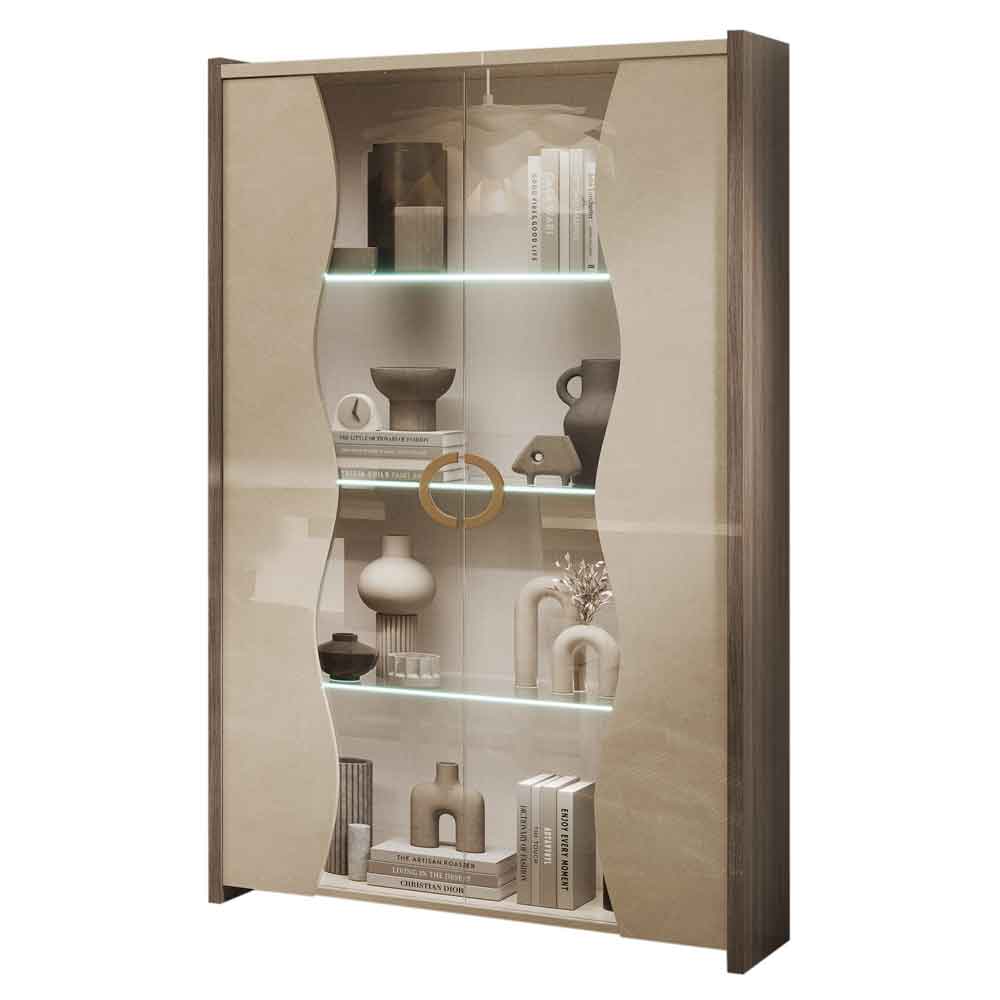 Losea Brown Marble Effect Display Cabinet in High Gloss with LED and 2 Doors