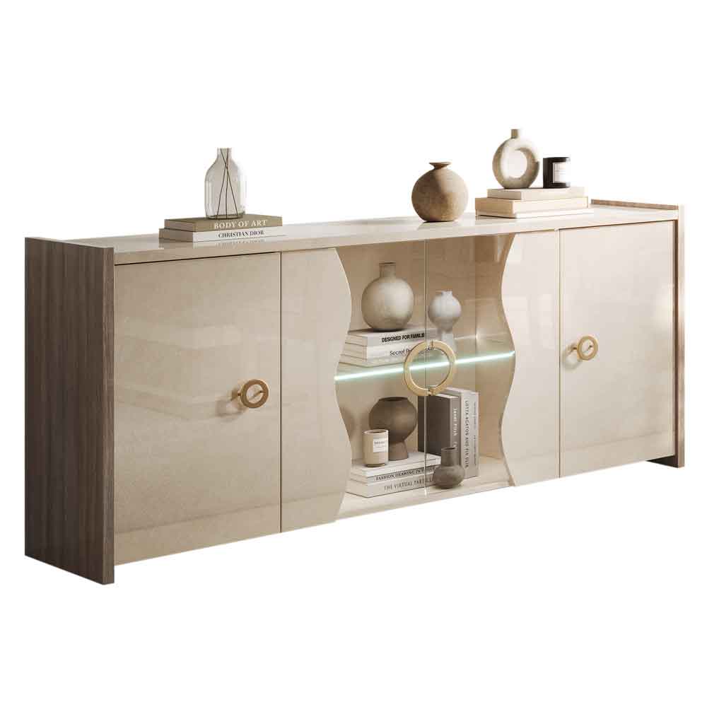 Losea Brown Marble Effect Large Sideboard in High Gloss with LED and 4 Doors