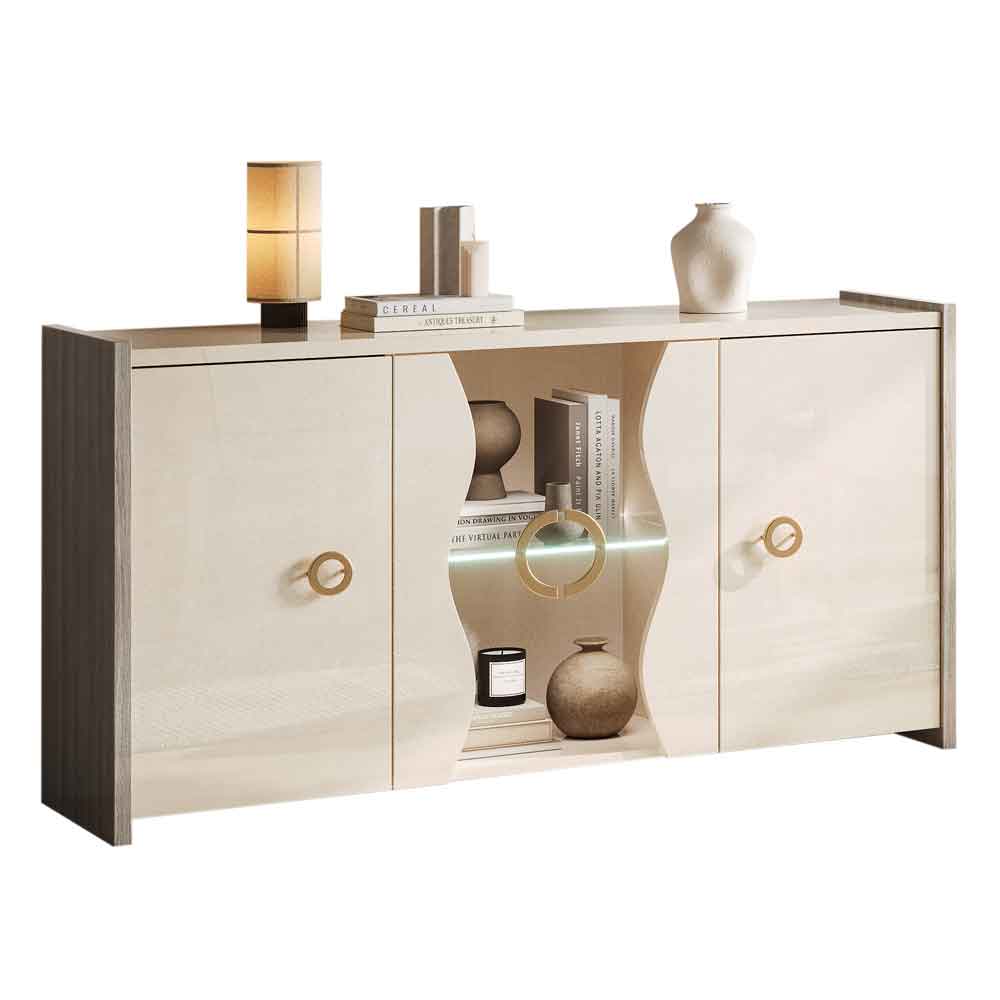 Losea Brown Marble Effect Small Sideboard in High Gloss with LED and 4 Doors