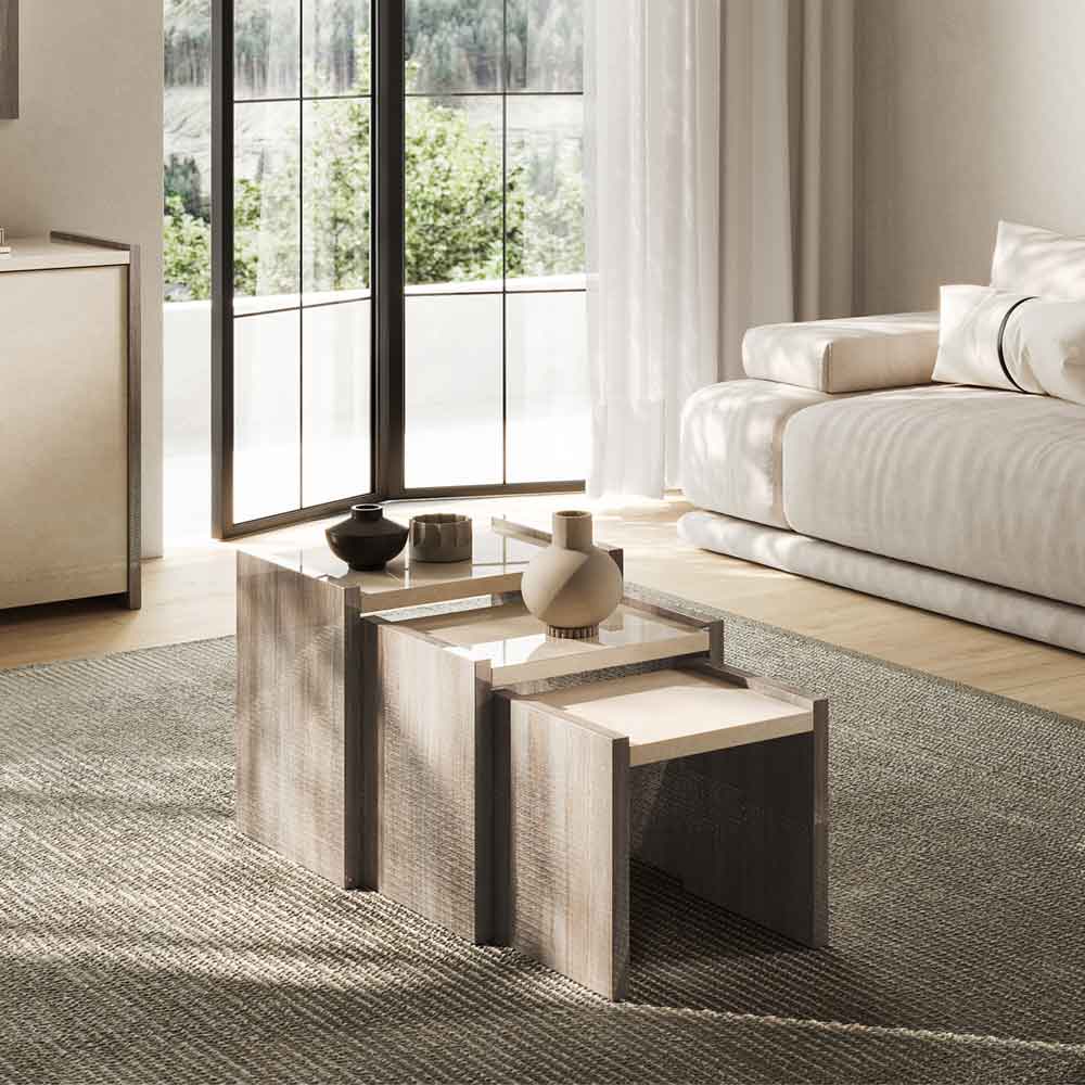 Losea High Gloss Nest of 3 Tables in Brown Marble Effect