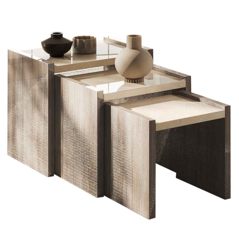Losea High Gloss Nest of 3 Tables in Brown Marble Effect