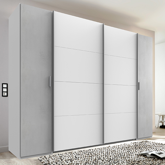 Lotto Sliding Door Wooden Wide Wardrobe In White And Light Grey