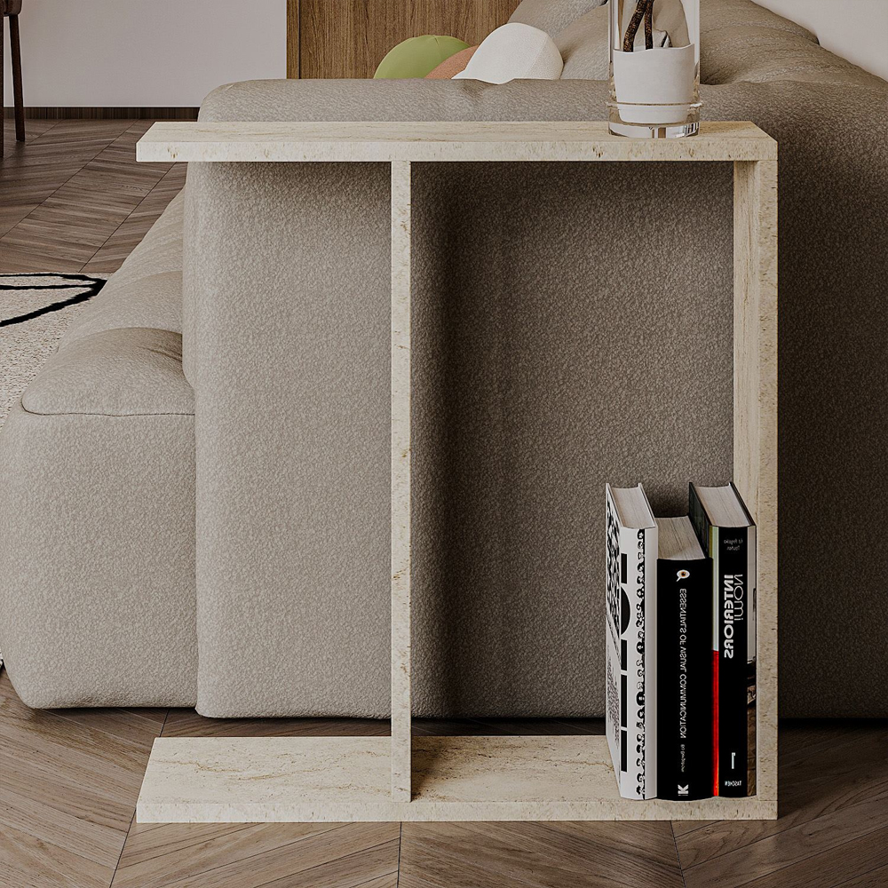 Lotus Wooden Side Table in Travertine Marble Effect