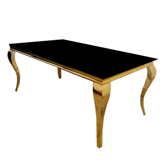 Product photograph of Laval Black Glass Dining Table With Gold Curved Legs from Furniture in Fashion