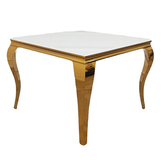 Laval Square White Glass Dining Table With Gold Curved Legs Furniture