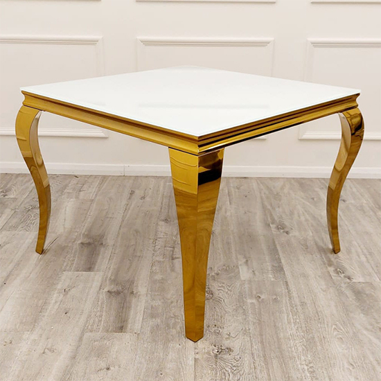 Product photograph of Laval Square White Glass Dining Table With Gold Curved Legs from Furniture in Fashion