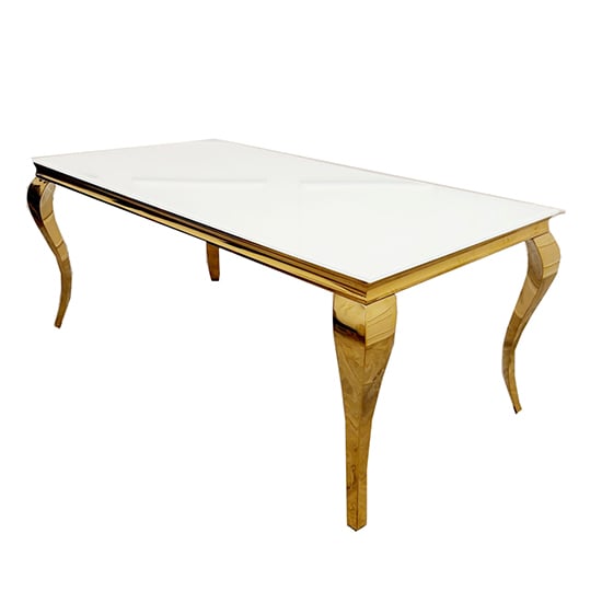Product photograph of Laval White Glass Dining Table With Gold Curved Legs from Furniture in Fashion