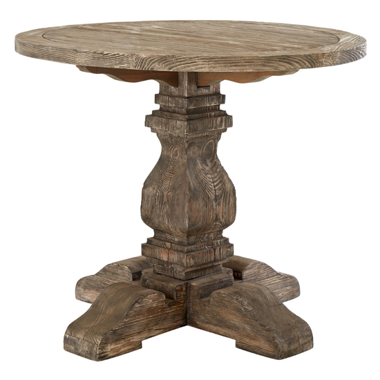 Lovito Wooden Pillar Round Dining Table In Rustic Teak